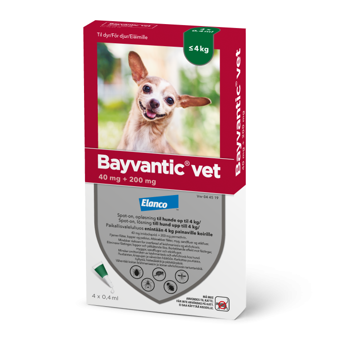 BAYVANTIC VET paikallisvaleluliuos 40/200 mg enintään 4 kg painaville koirille 4 x 0.4 ml
