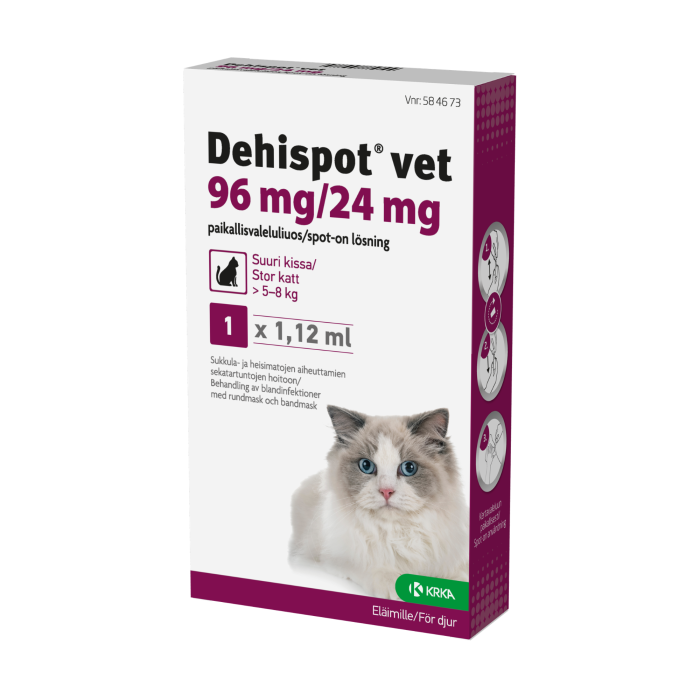 DEHISPOT VET paikallisvaleluliuos 96/24 mg suurelle kissalle >5-8 kg 1,12 ml