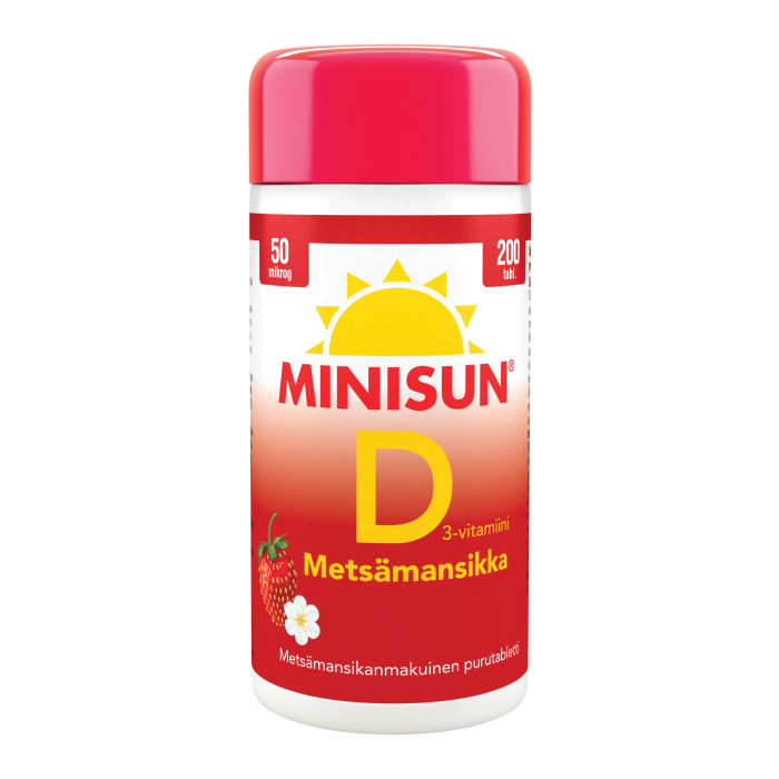 Minisun D-vitamiini Metsämansikka 50 mikrog 200 purutabl kuva 3